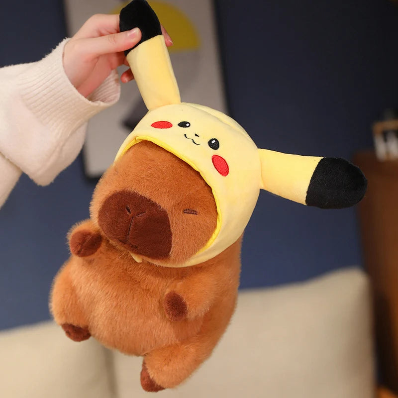 Capybara with Pikachu Hat Stitch Lucifer Cat Hat Plush Toy Creative Peluche Animals Capibara Plushies Doll Girl Bag Pendant Gift