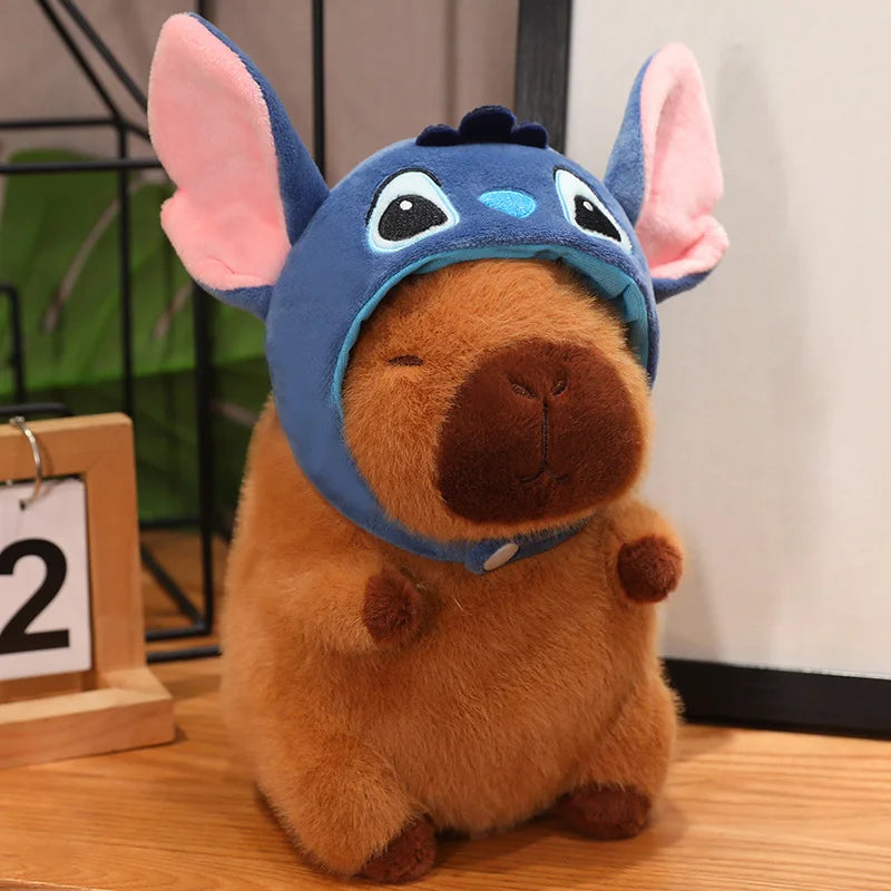 Capybara with Pikachu Hat Stitch Lucifer Cat Hat Plush Toy Creative Peluche Animals Capibara Plushies Doll Girl Bag Pendant Gift