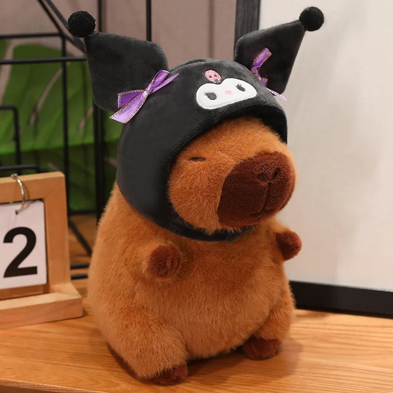 Capybara with Pikachu Hat Stitch Lucifer Cat Hat Plush Toy Creative Peluche Animals Capibara Plushies Doll Girl Bag Pendant Gift