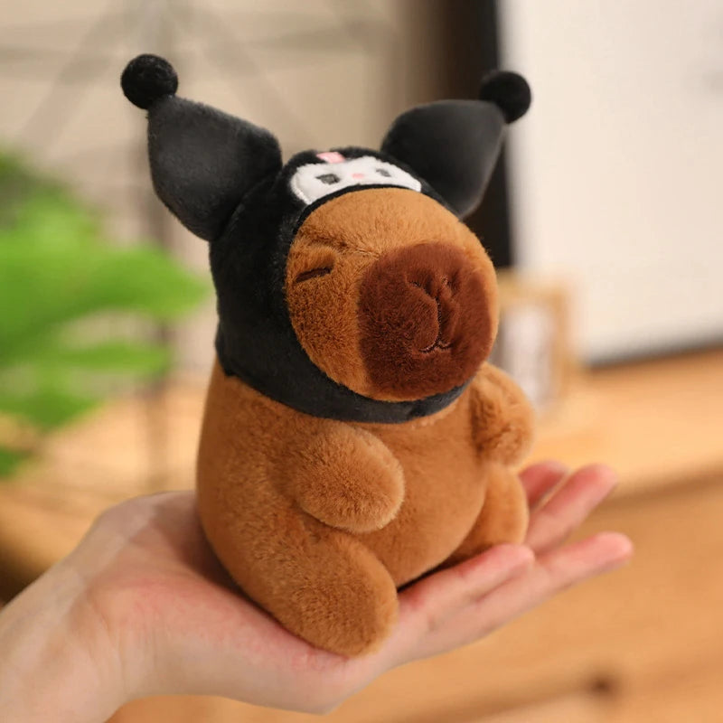 Capybara with Pikachu Hat Stitch Lucifer Cat Hat Plush Toy Creative Peluche Animals Capibara Plushies Doll Girl Bag Pendant Gift