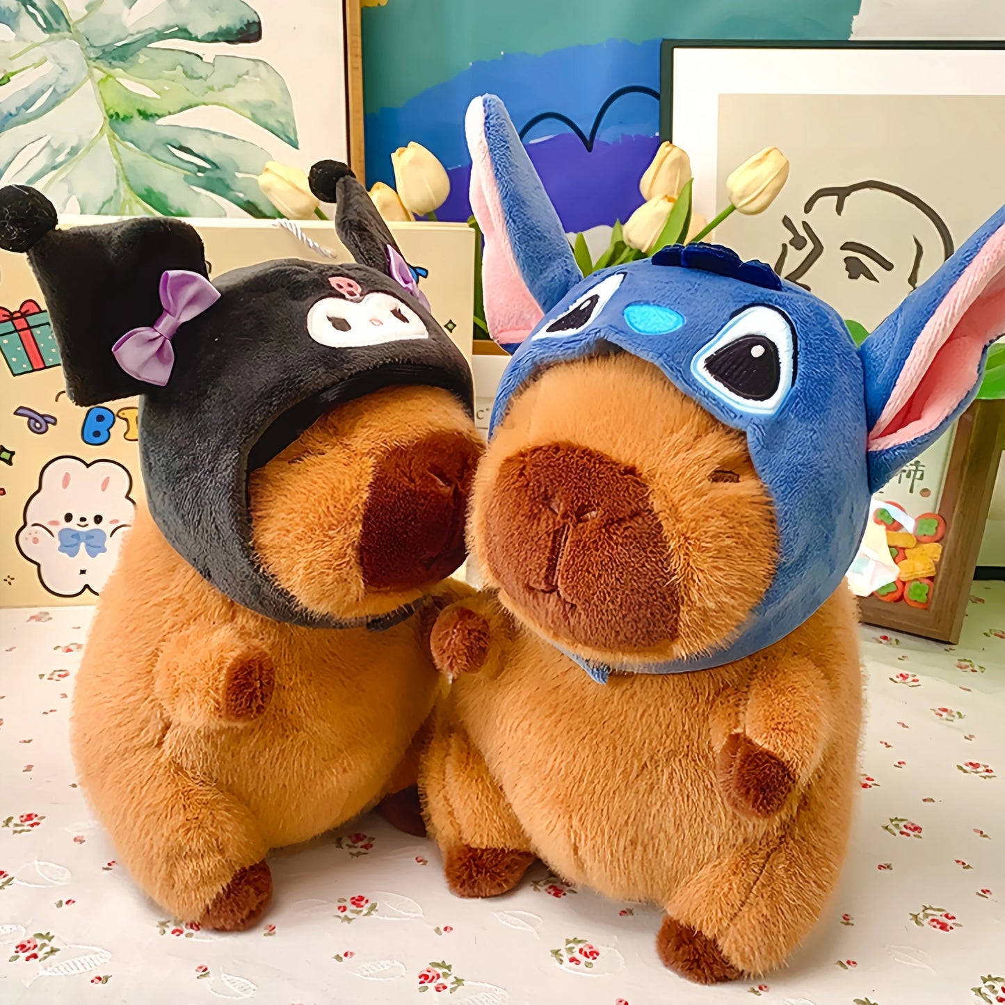 Capybara with Pikachu Hat Stitch Lucifer Cat Hat Plush Toy Creative Peluche Animals Capibara Plushies Doll Girl Bag Pendant Gift