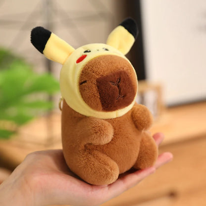 Capybara with Pikachu Hat Stitch Lucifer Cat Hat Plush Toy Creative Peluche Animals Capibara Plushies Doll Girl Bag Pendant Gift