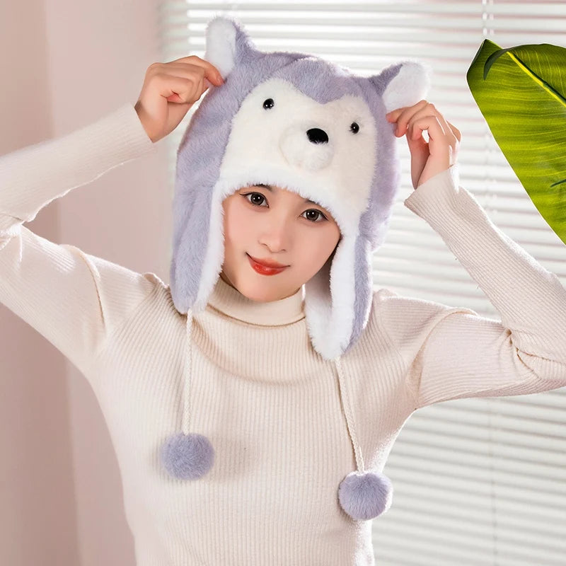 Cute Husky Gray Plush Hat