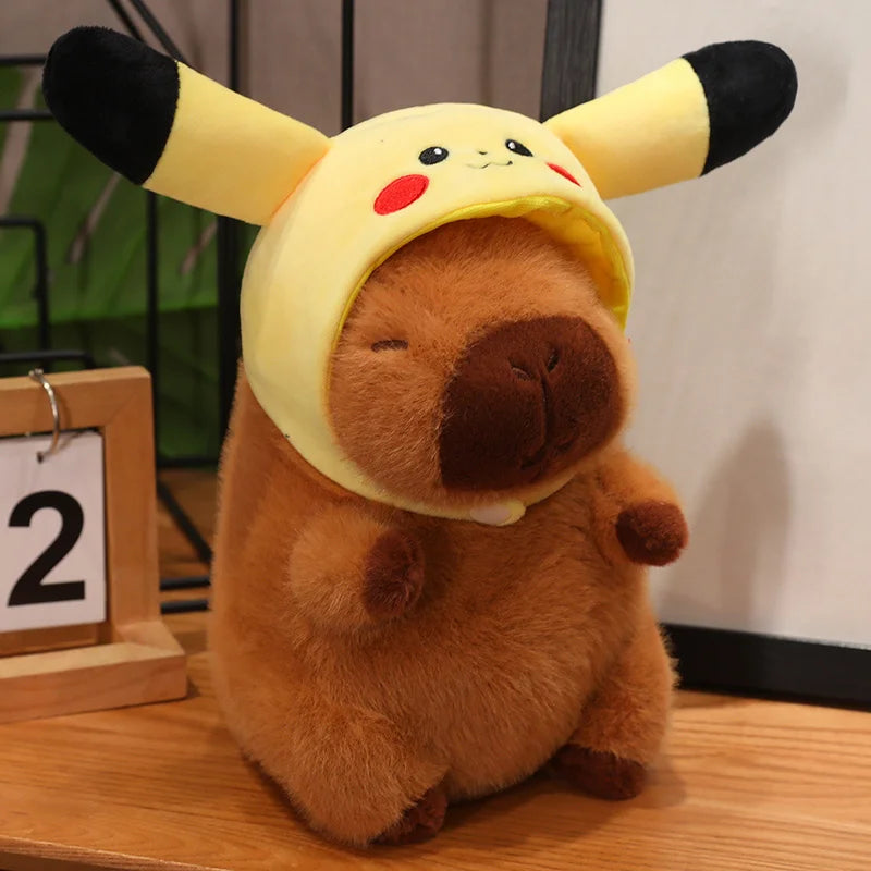 Capybara with Pikachu Hat Stitch Lucifer Cat Hat Plush Toy Creative Peluche Animals Capibara Plushies Doll Girl Bag Pendant Gift