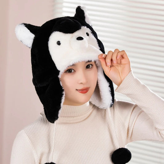 Cute Husky Black Plush Hat 