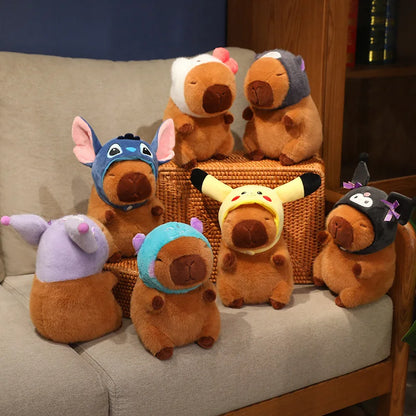 Capybara with Pikachu Hat Stitch Lucifer Cat Hat Plush Toy Creative Peluche Animals Capibara Plushies Doll Girl Bag Pendant Gift