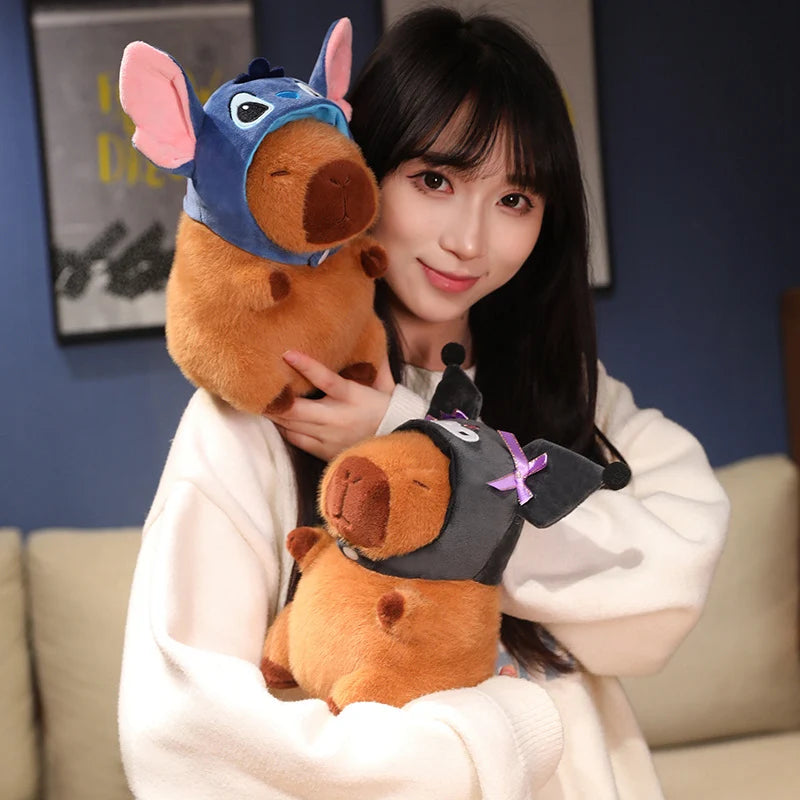 Capybara with Pikachu Hat Stitch Lucifer Cat Hat Plush Toy Creative Peluche Animals Capibara Plushies Doll Girl Bag Pendant Gift