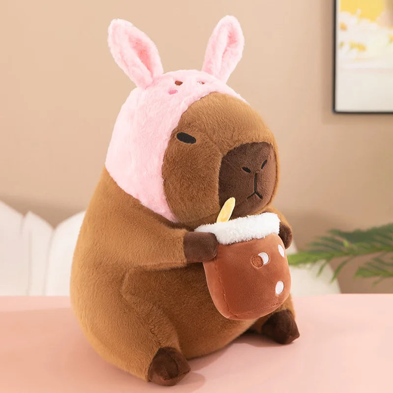 Pink Bunny with Boba Tea Capybara Plush Large 30CM