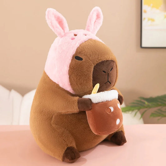 Pink Bunny with Boba Tea Capybara Plush Large 30CM