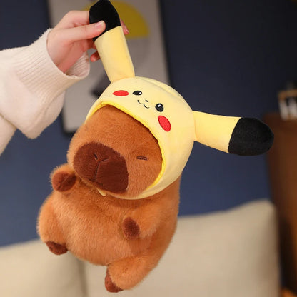 Capybara with Pikachu Hat Stitch Lucifer Cat Hat Plush Toy Creative Peluche Animals Capibara Plushies Doll Girl Bag Pendant Gift